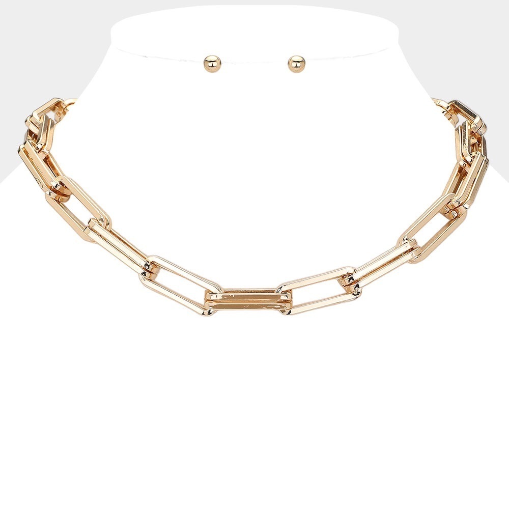 Chunky Gold Double Layer Paperclip Necklace & Earring Studs
